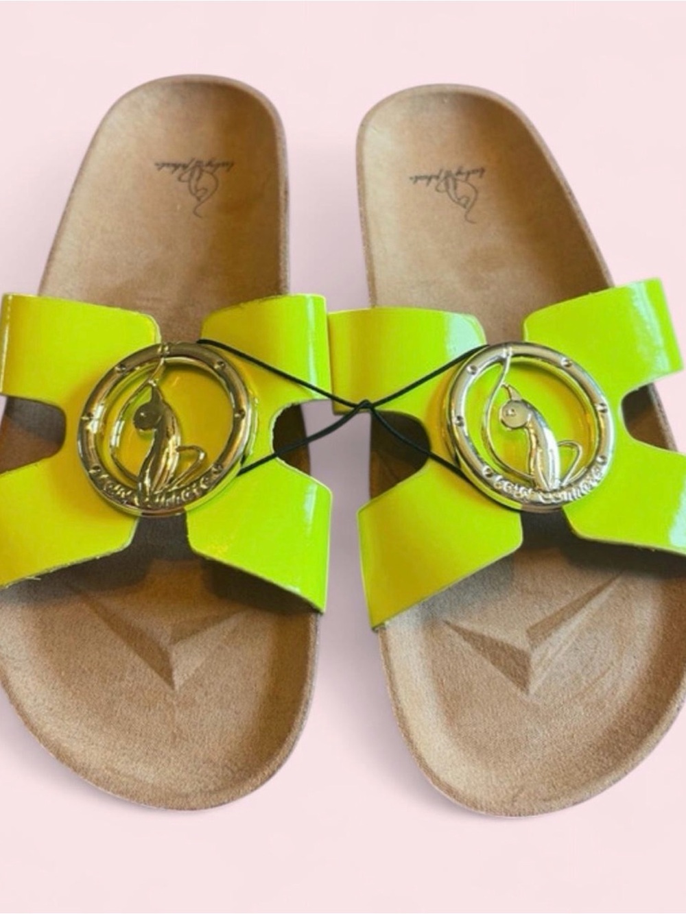 Baby Phat Y2K Era Neon Yellow Patent Slide Sandals with Gold Emblem 7